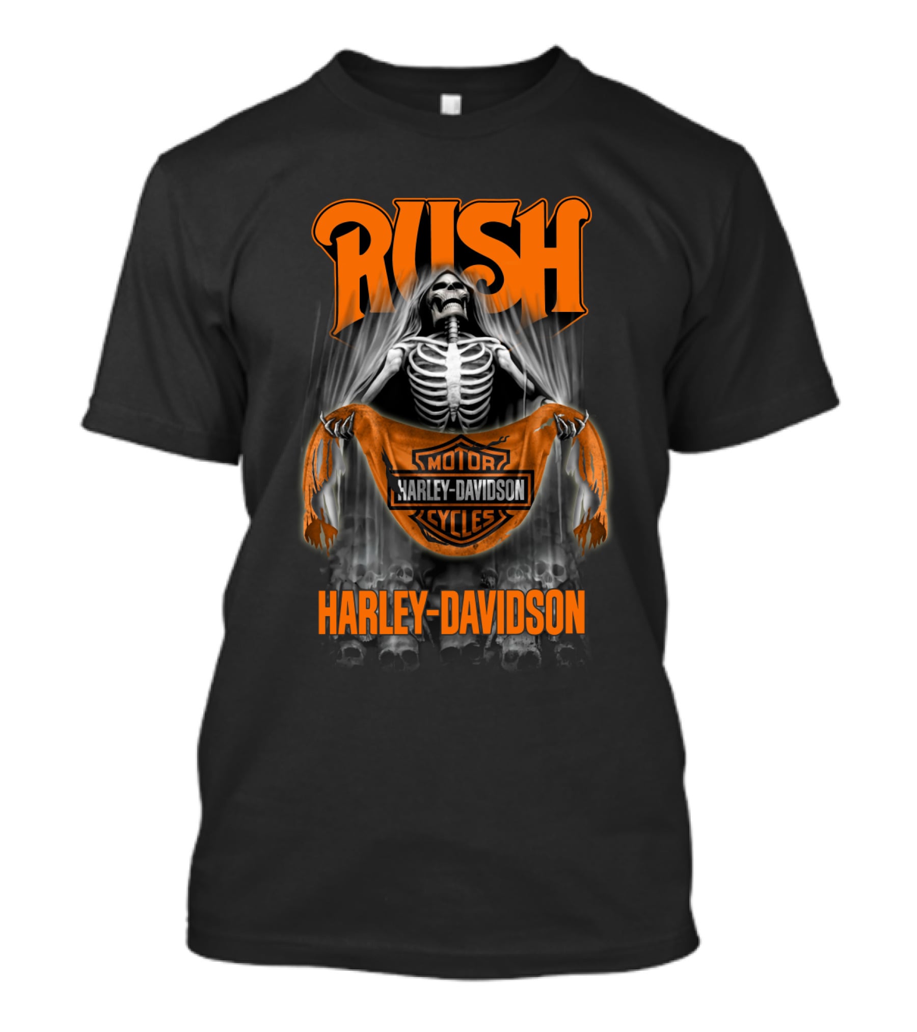 Rush Harley Davidson Motor Cycles Skeleton Orange T-Shirt