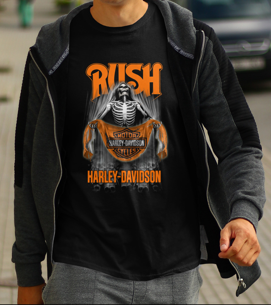 Rush Harley Davidson Motor Cycles Skeleton Orange T-Shirt