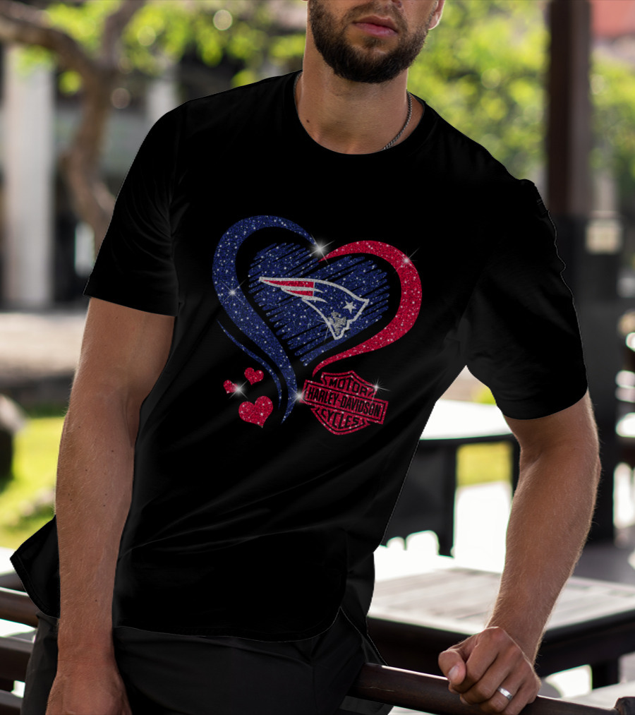 Hd New England Patriots Harley Davidson Heart Sparkle T-Shirt