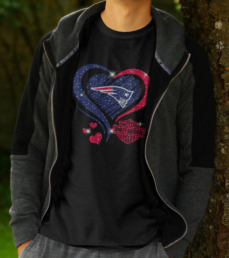 Hd New England Patriots Harley Davidson Heart Sparkle T-Shirt