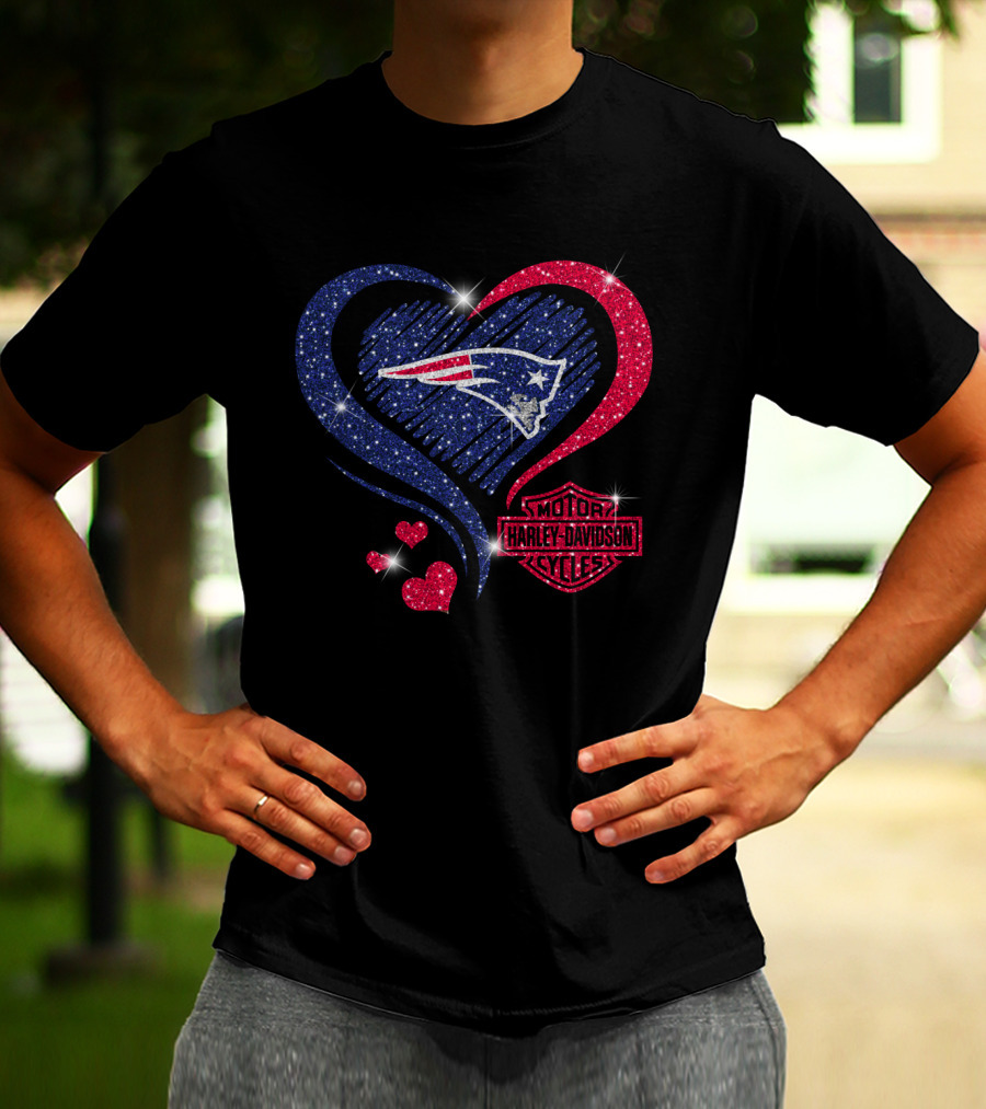 Hd New England Patriots Harley Davidson Heart Sparkle T-Shirt