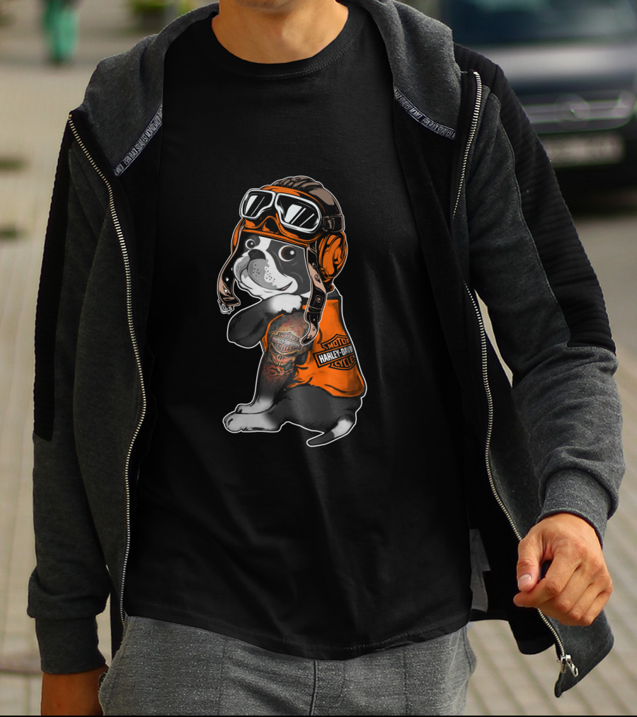 Hd Tatoo Boston Terrier Harley Davidson Moto Goggles T-Shirt