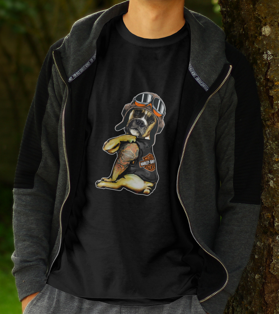 Harley Davidson Tattoo Boxer Dog With Goggles T-Shirt