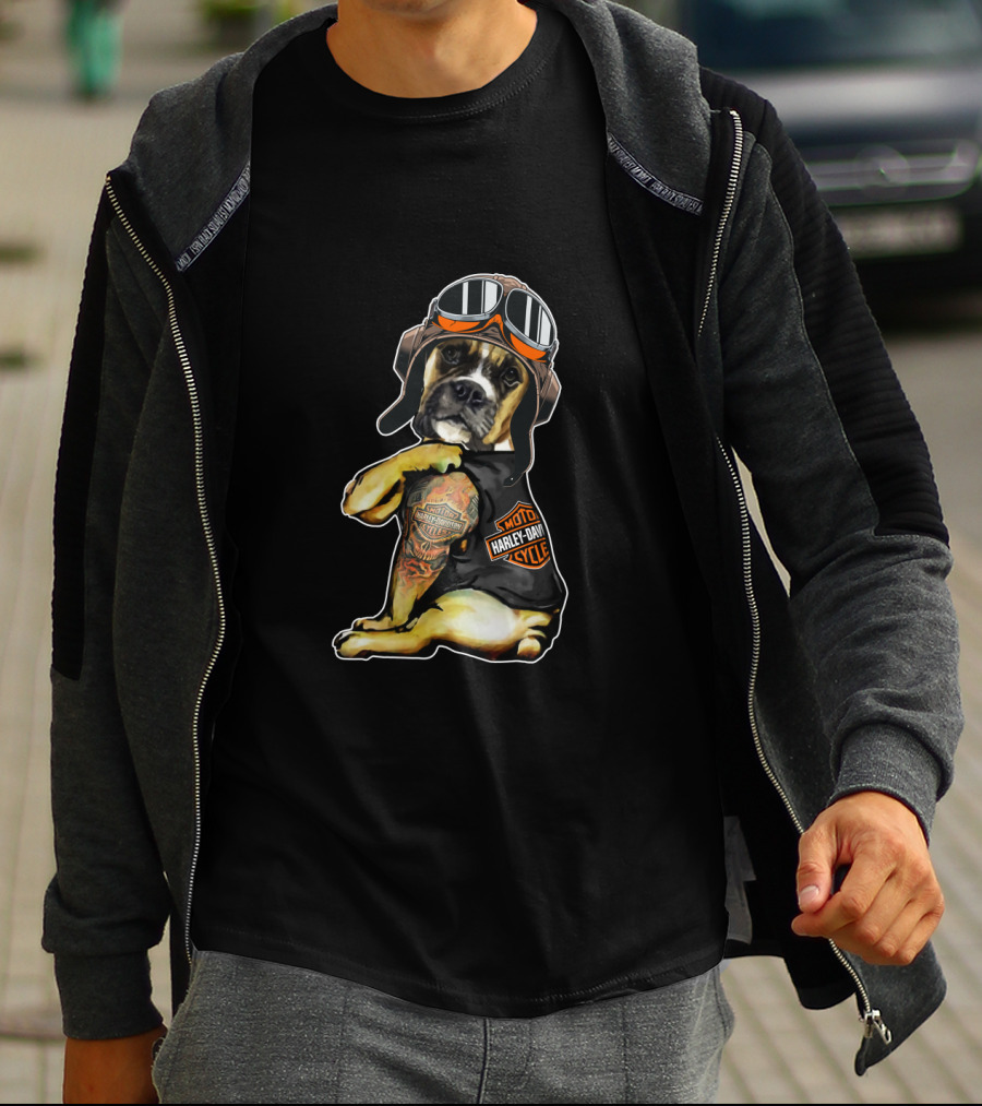 Harley Davidson Tattoo Boxer Dog With Goggles T-Shirt