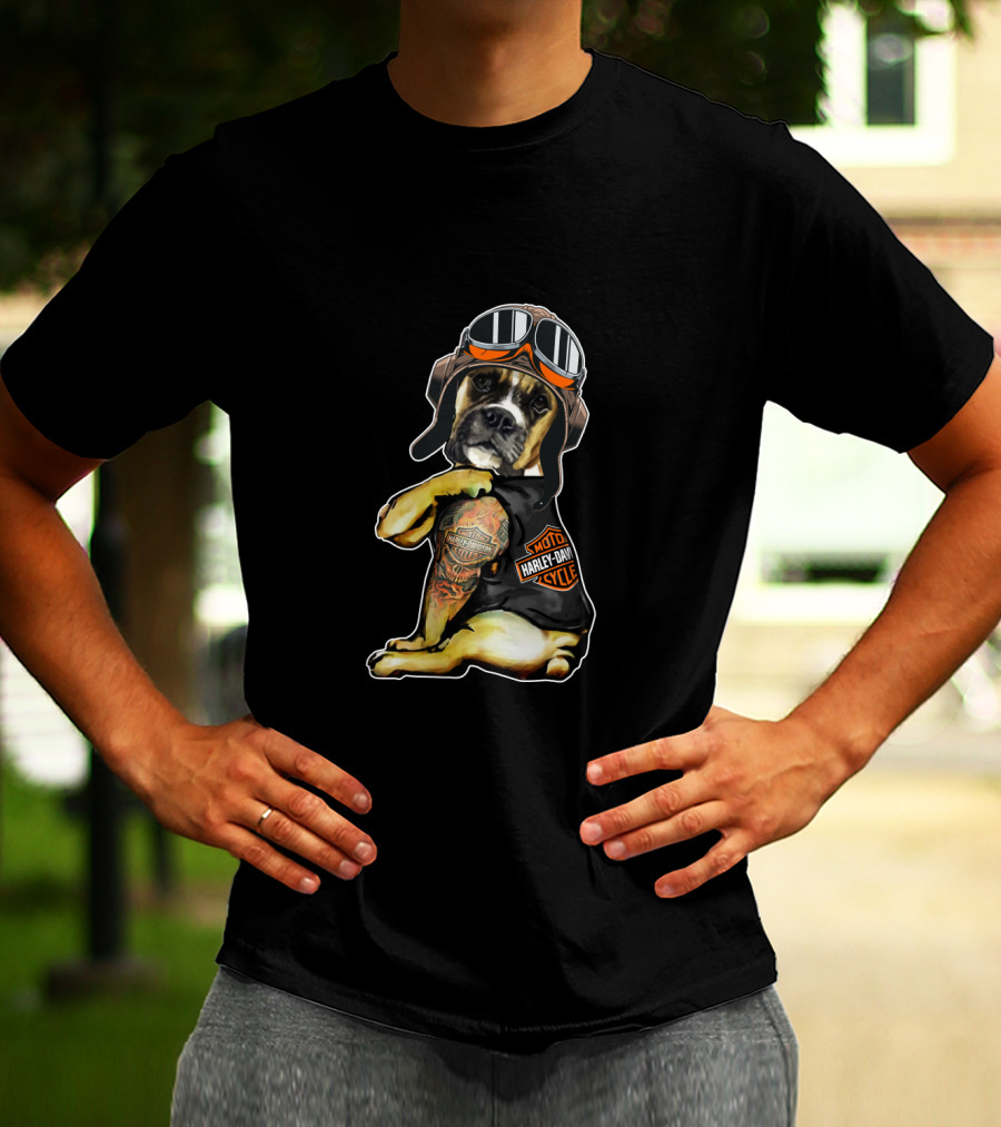 Harley Davidson Tattoo Boxer Dog With Goggles T-Shirt