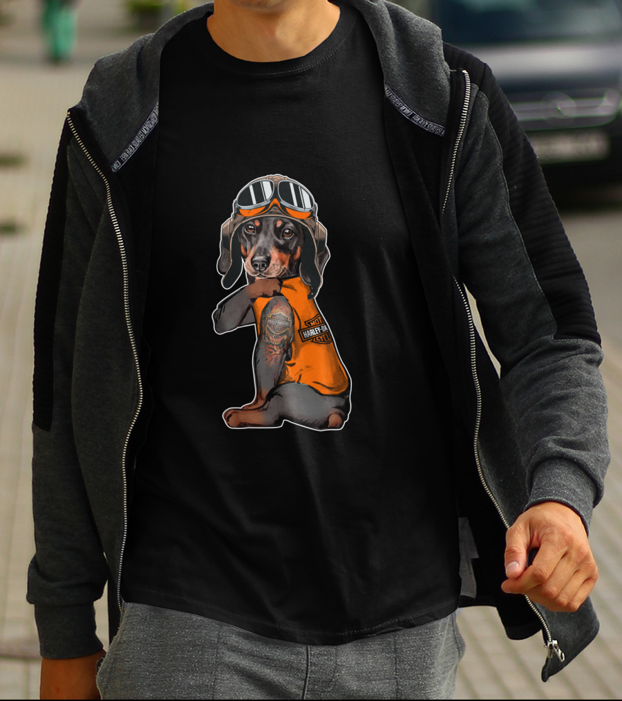 Hd Tatoo Dachshund In Harley Davidson Biker Gear T-Shirt