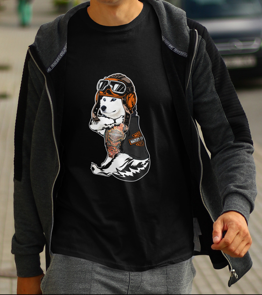 Harley Davidson Biker Husky With Hd Tattoo T-Shirt