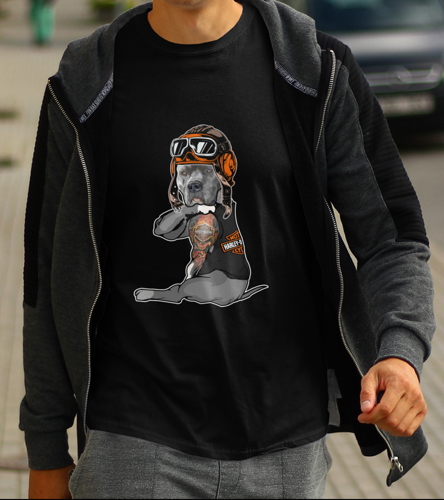 Harley Davidson Pitbull Wearing Aviator Helmet With Tattoo T-Shirt