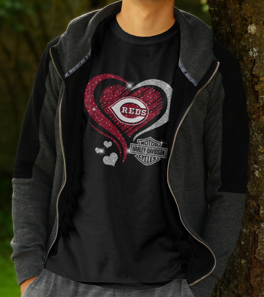 0307Hd Cincinnati Reds Harley Davidson Sparkling Heart T-Shirt