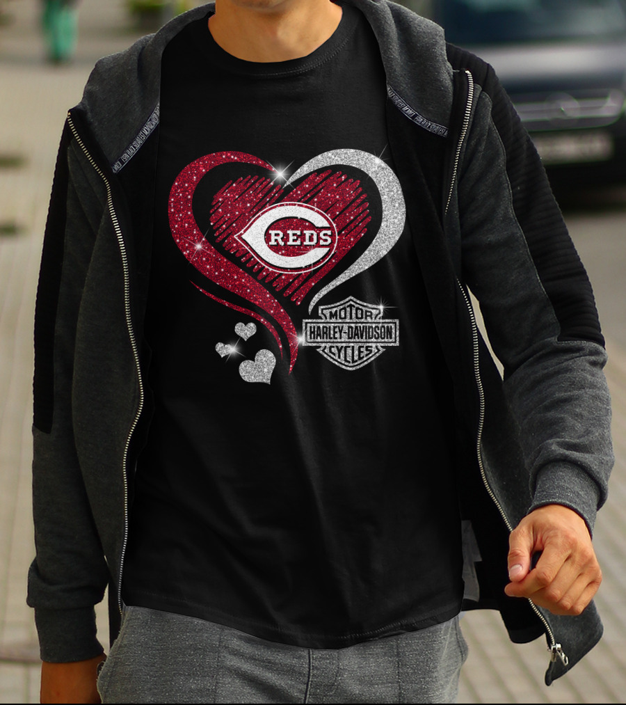 0307Hd Cincinnati Reds Harley Davidson Sparkling Heart T-Shirt