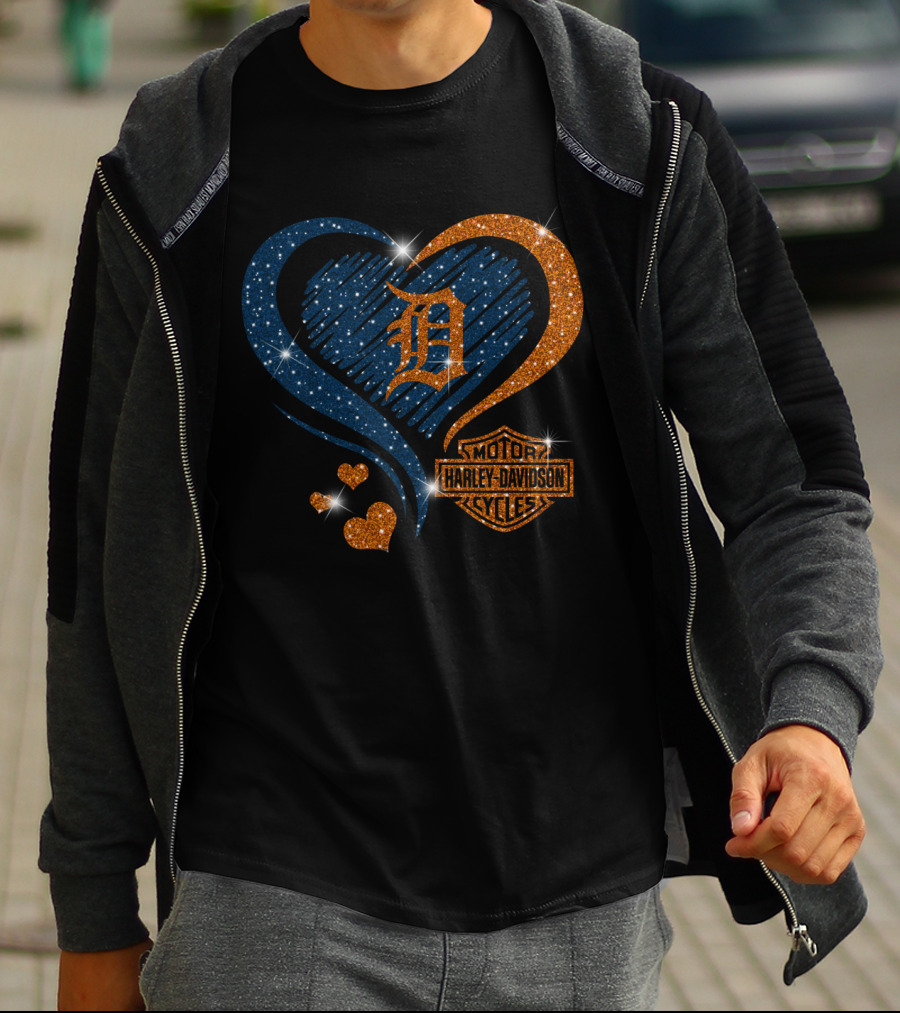 Motor Harley Davidson Cycles Detroit Tigers Sparkle Heart T-Shirt