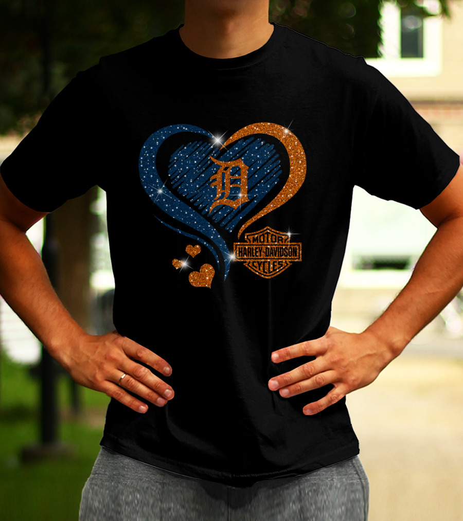 Motor Harley Davidson Cycles Detroit Tigers Sparkle Heart T-Shirt
