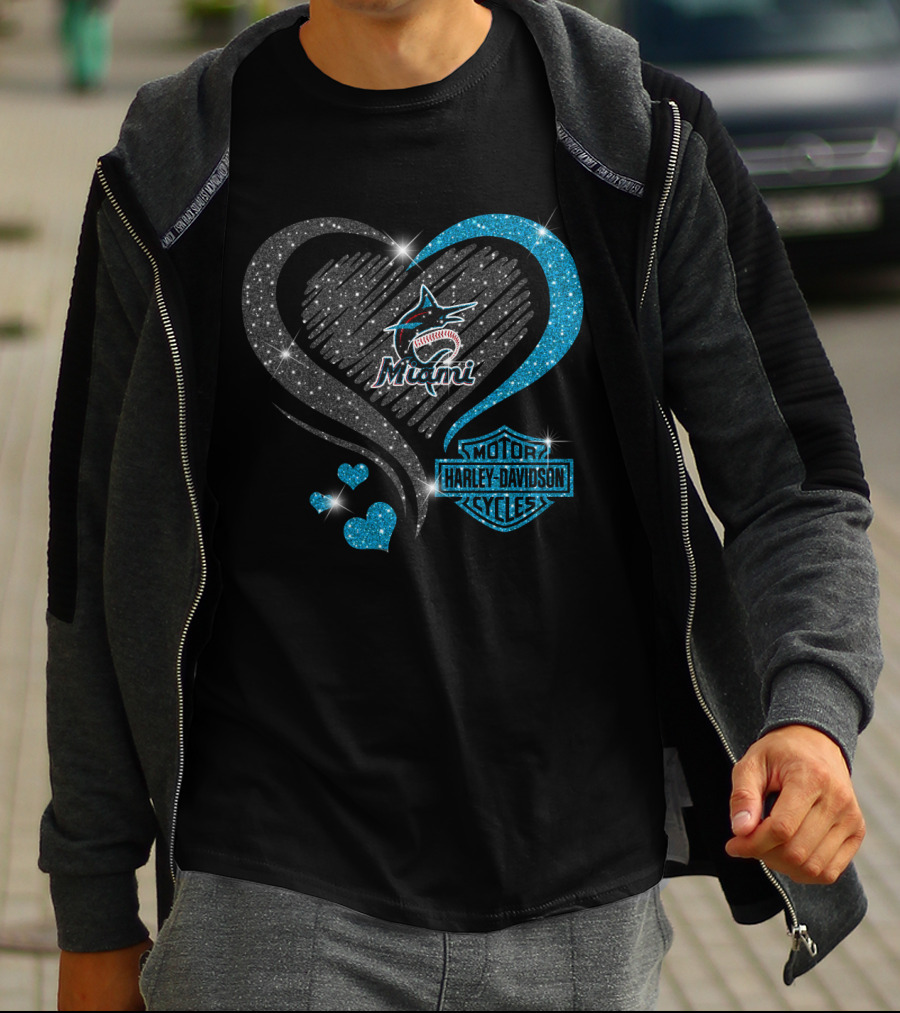 Miami Marlins Heart Sparkle Harley Davidson T-Shirt