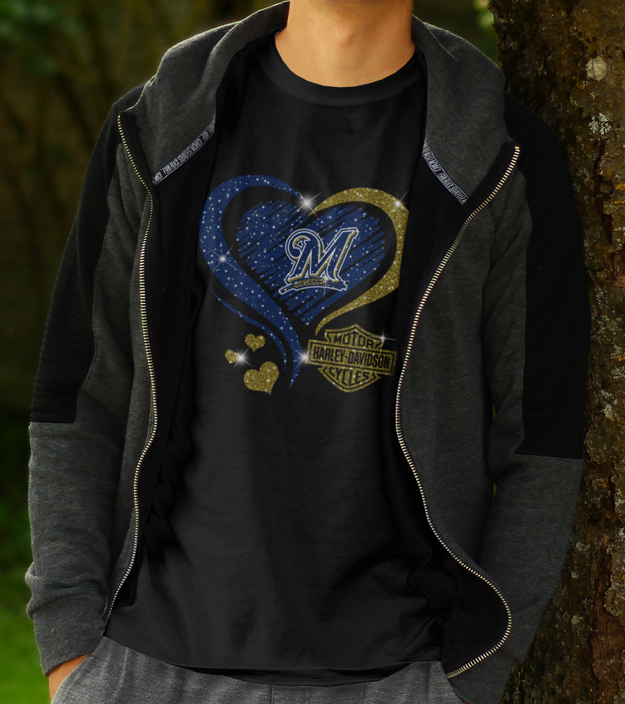 Milwaukee Brewers Heart With Harley Davidson T-Shirt