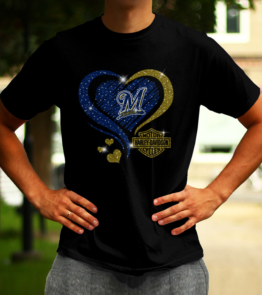 Milwaukee Brewers Heart With Harley Davidson T-Shirt