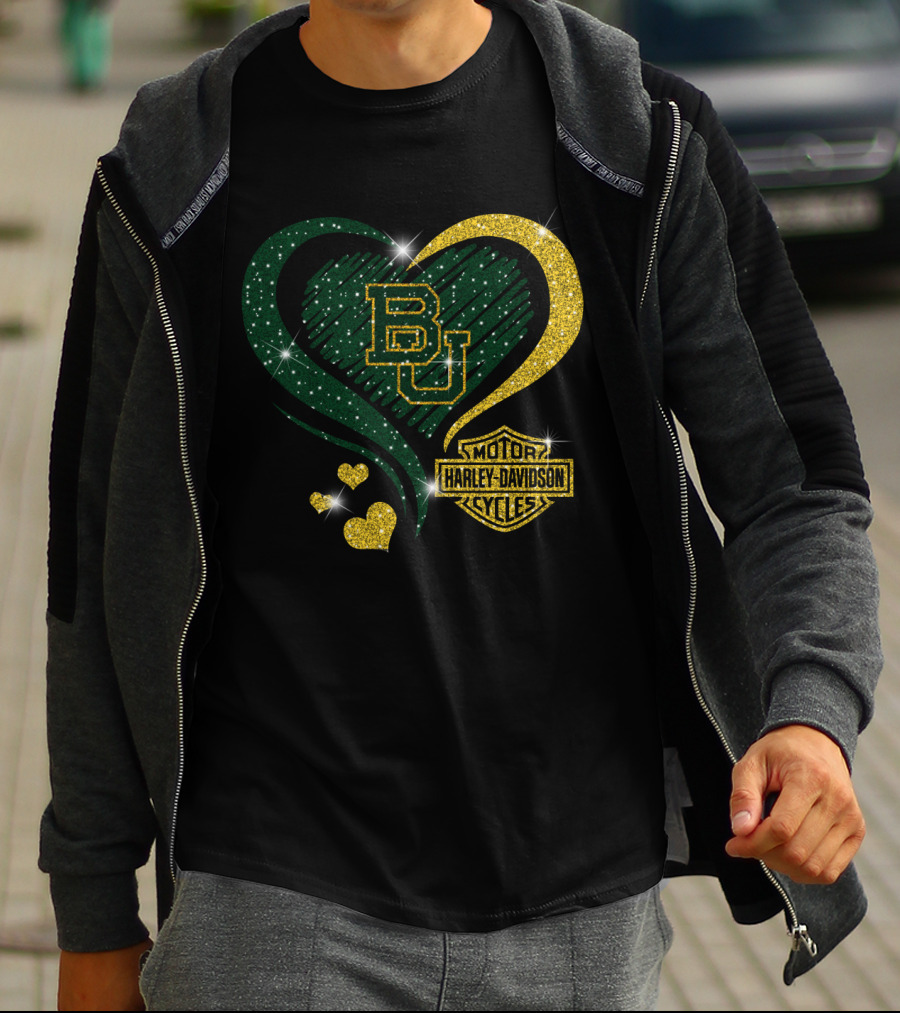 Bu Baylor Bears Harley Davidson Sparkling Heart T-Shirt