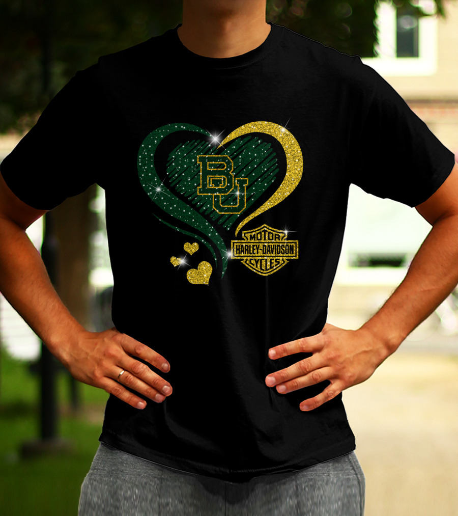 Bu Baylor Bears Harley Davidson Sparkling Heart T-Shirt