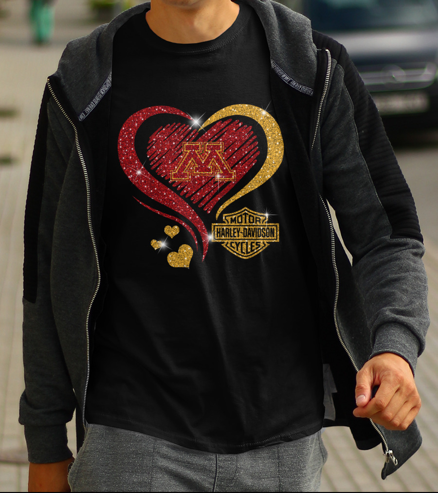 Minnesota Golden Gophers Heart Motor Harley Davidson Cycles T-Shirt