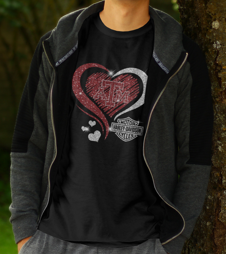 Atm Texas A&M Aggies Harley Davidson Motor Cycles Sparkling Heart T-Shirt