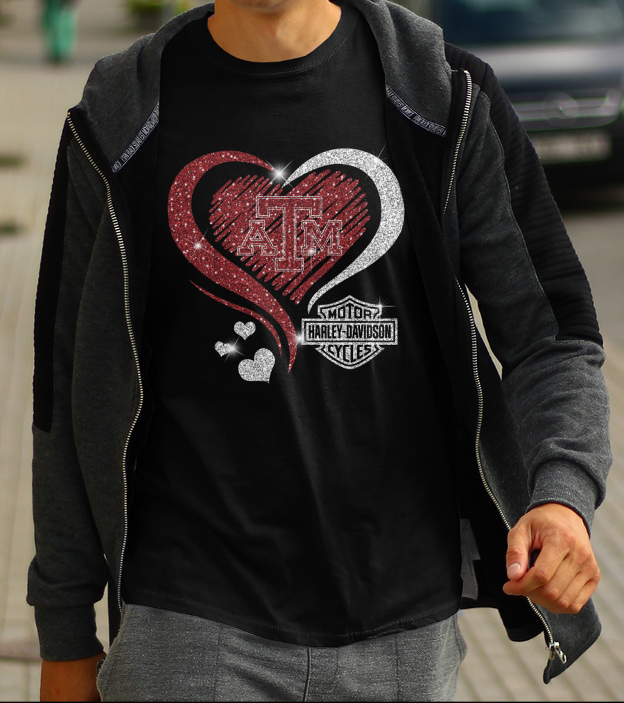Atm Texas A&M Aggies Harley Davidson Motor Cycles Sparkling Heart T-Shirt