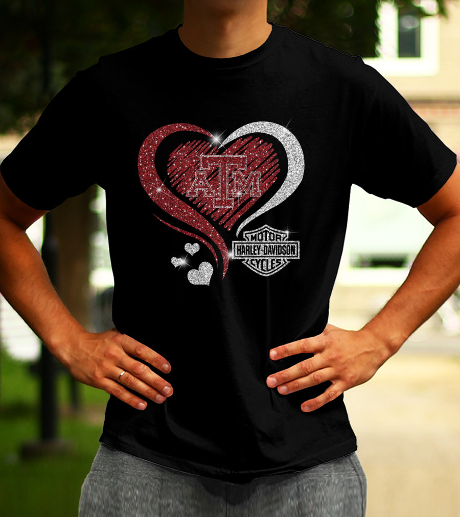 Atm Texas A&M Aggies Harley Davidson Motor Cycles Sparkling Heart T-Shirt
