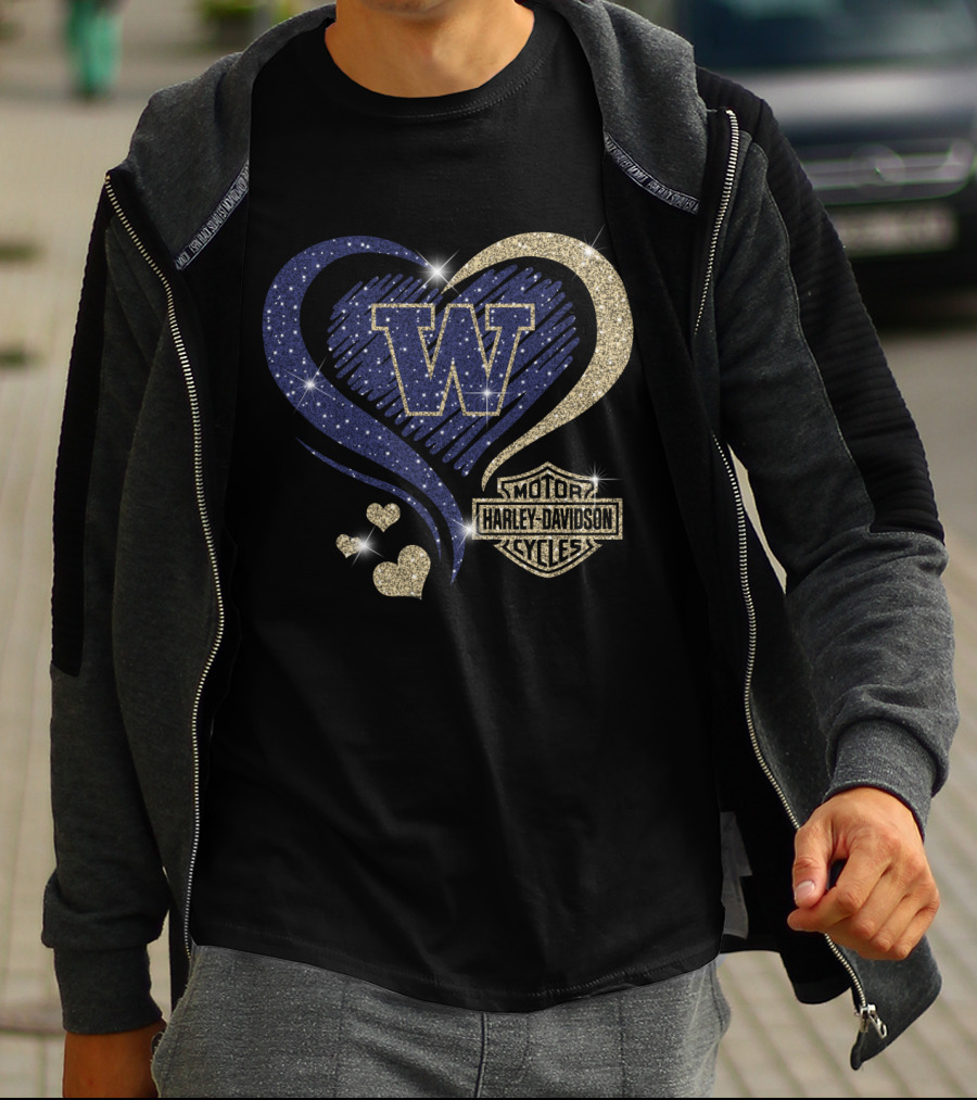 W Washington Huskies Harley Davidson Motorcycles Sparkling Heart T-Shirt