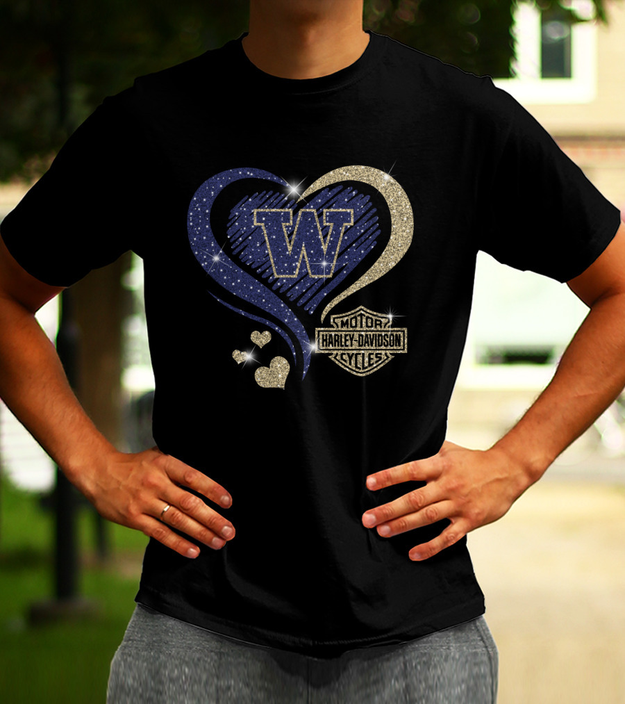W Washington Huskies Harley Davidson Motorcycles Sparkling Heart T-Shirt