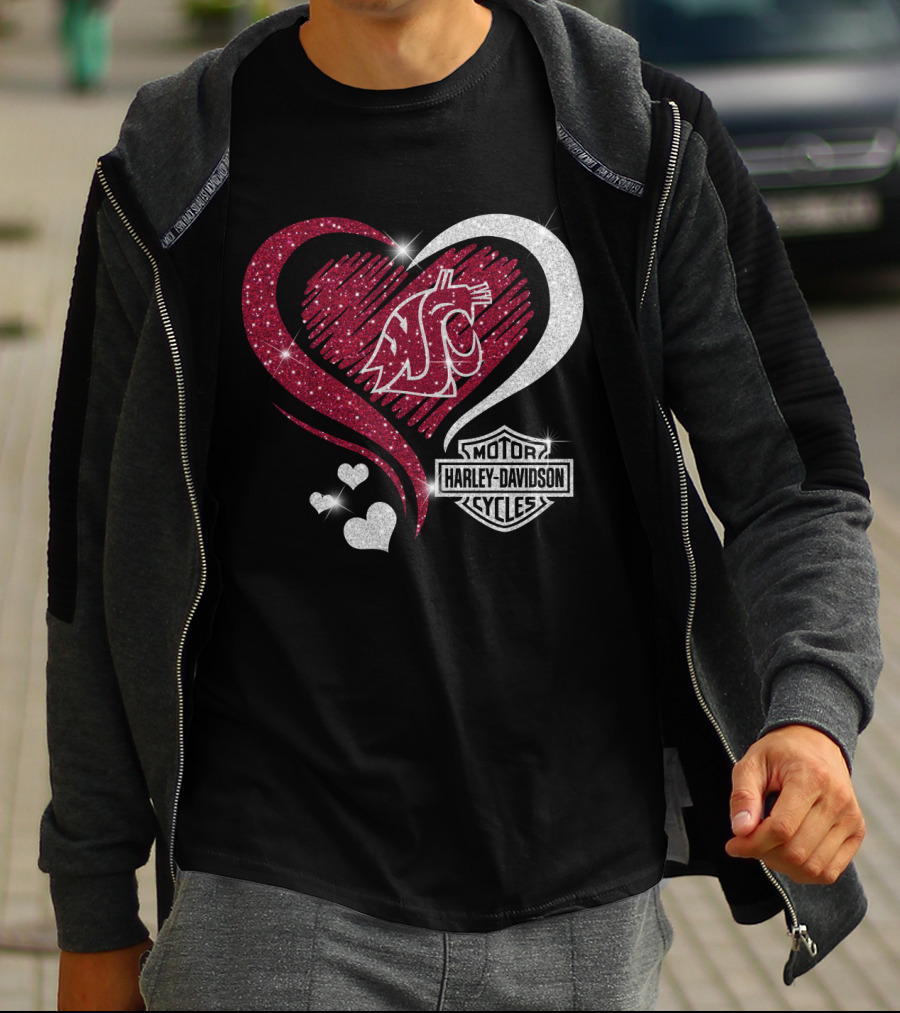 0306Hd Washington State Cougars Wsu Motor Harley Davidson Cycles Sparkling Heart Theme T-Shirt