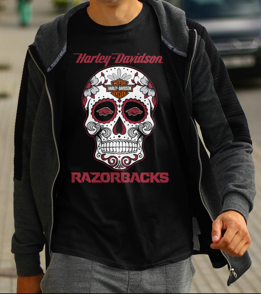 Harley Davidson Razorbacks Sugar Skull Motor Cycles T-Shirt