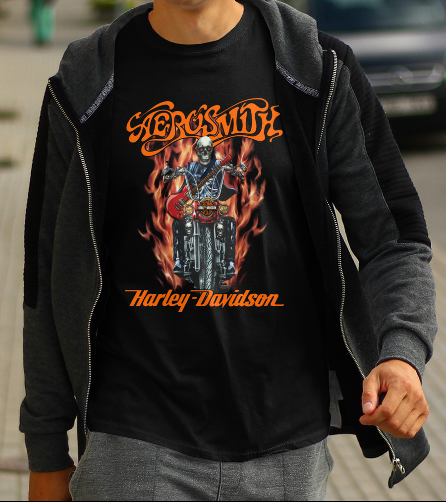 Aerosmith Harley Davidson Skull Rider Flame Guitar T-Shirt