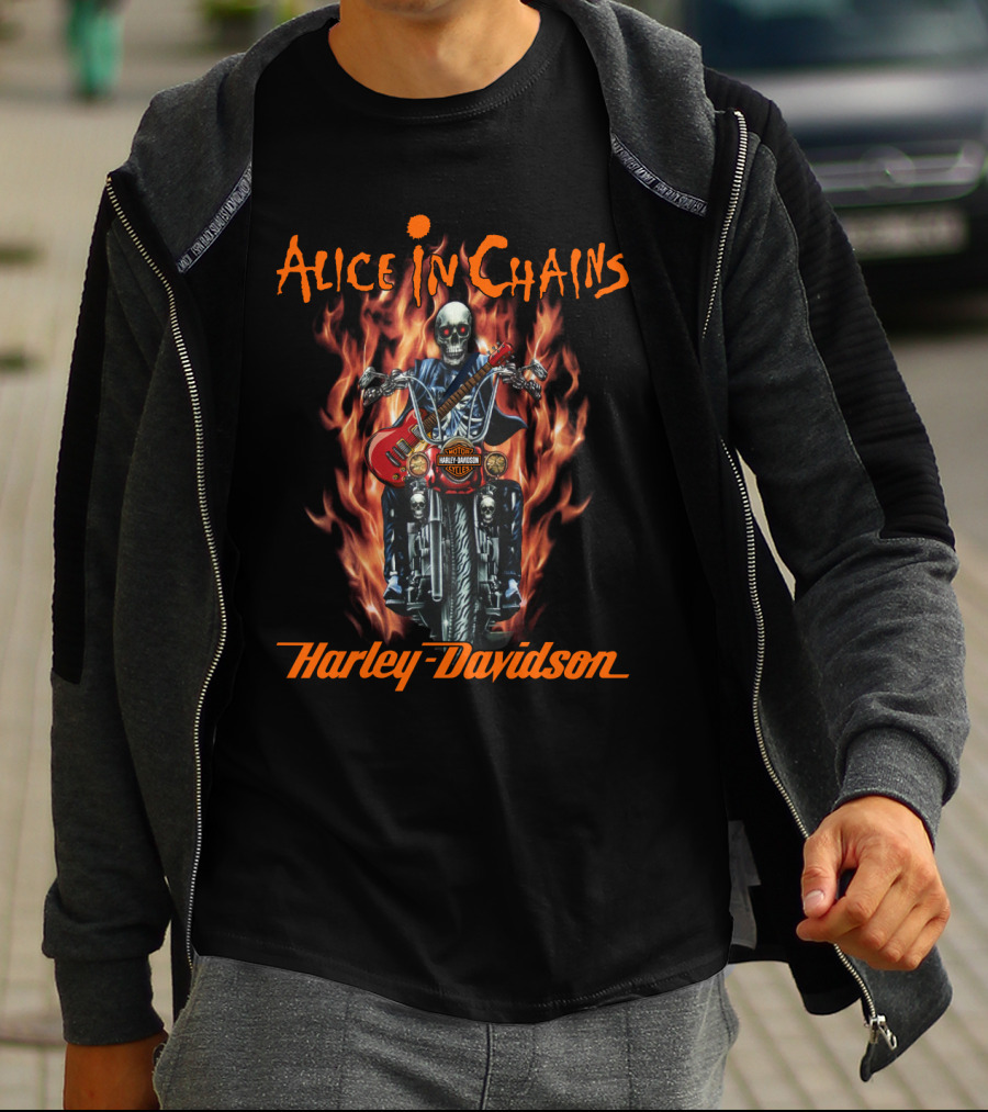 Alice In Chains Harley Davidson Skulls And Guitars Flames T-Shirt