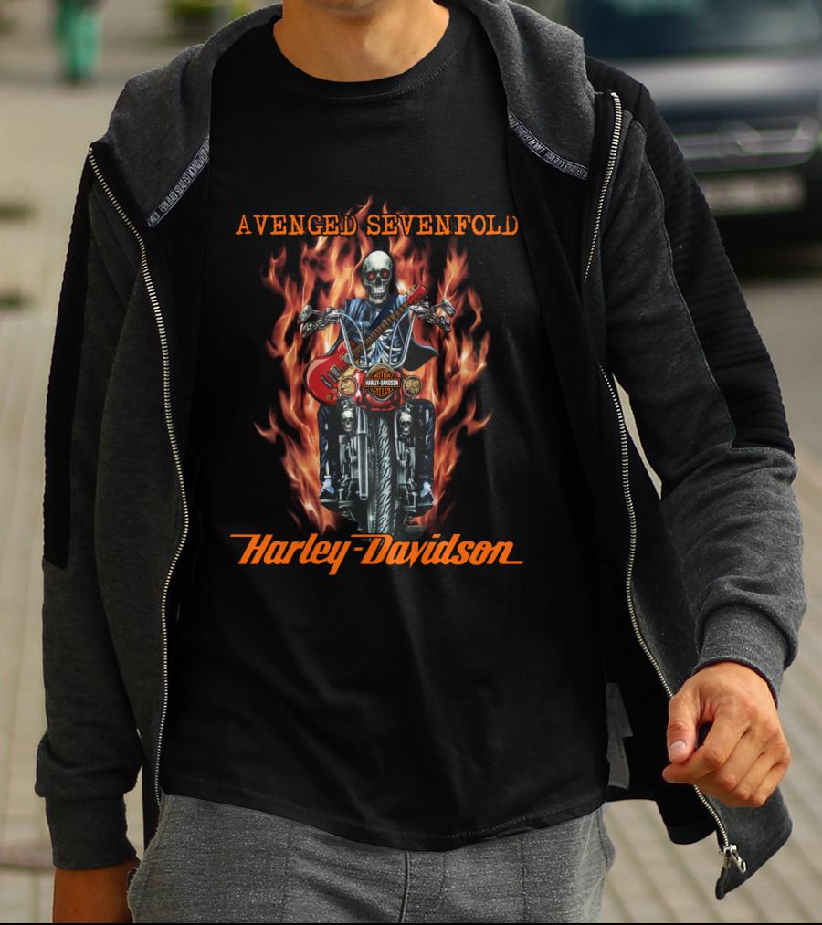 Avenged Sevenfold Harley Davidson Skeleton With Guitar And Flames T-Shirt