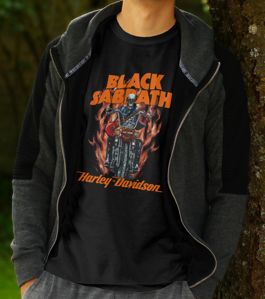 Black Sabbath Harley Davidson Skeleton Guitar Flames T-Shirt