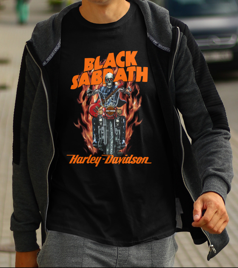 Black Sabbath Harley Davidson Skeleton Guitar Flames T-Shirt
