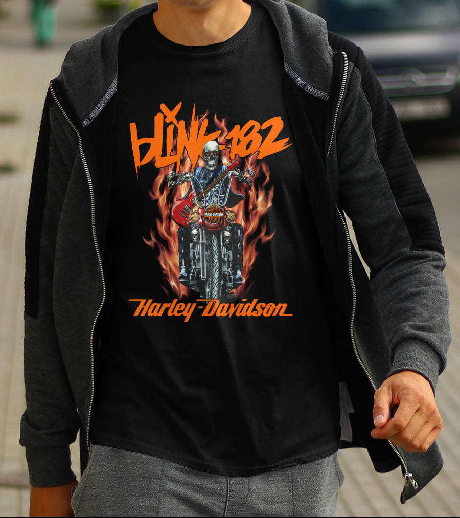 Blink 182 Harley Davidson Skeleton Guitar Flames T-Shirt