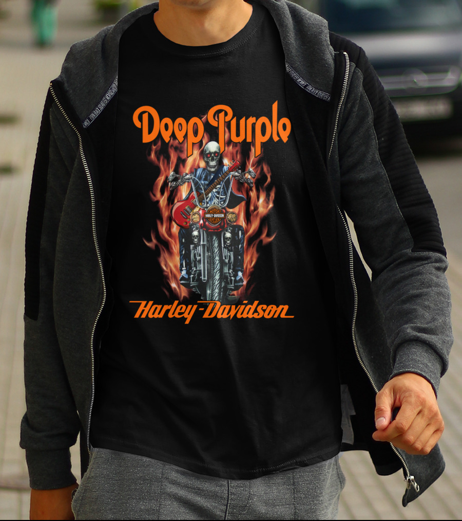 Deep Purple Harley Davidson Skeleton On Motorcycle With Flames T-Shirt