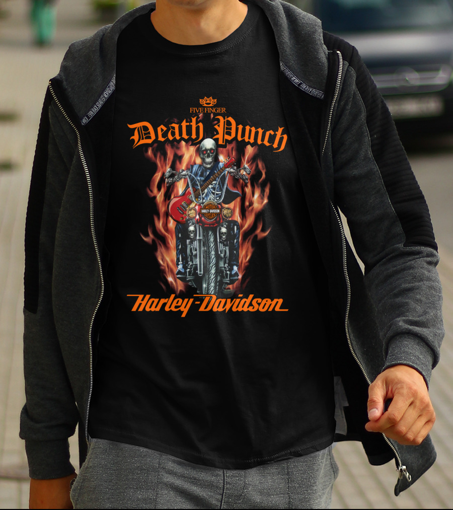 Five Finger Death Punch Harley Davidson Flame Skeleton Rider T-Shirt