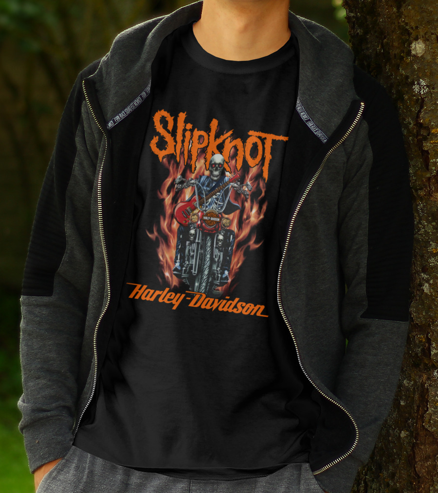 Slipknot Harley Davidson Flaming Skeleton Motorcycle Rider T-Shirt