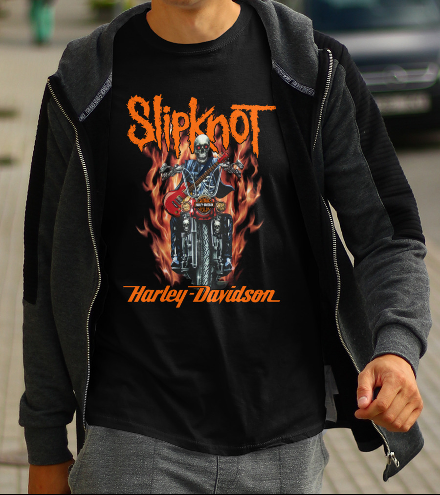 Slipknot Harley Davidson Flaming Skeleton Motorcycle Rider T-Shirt