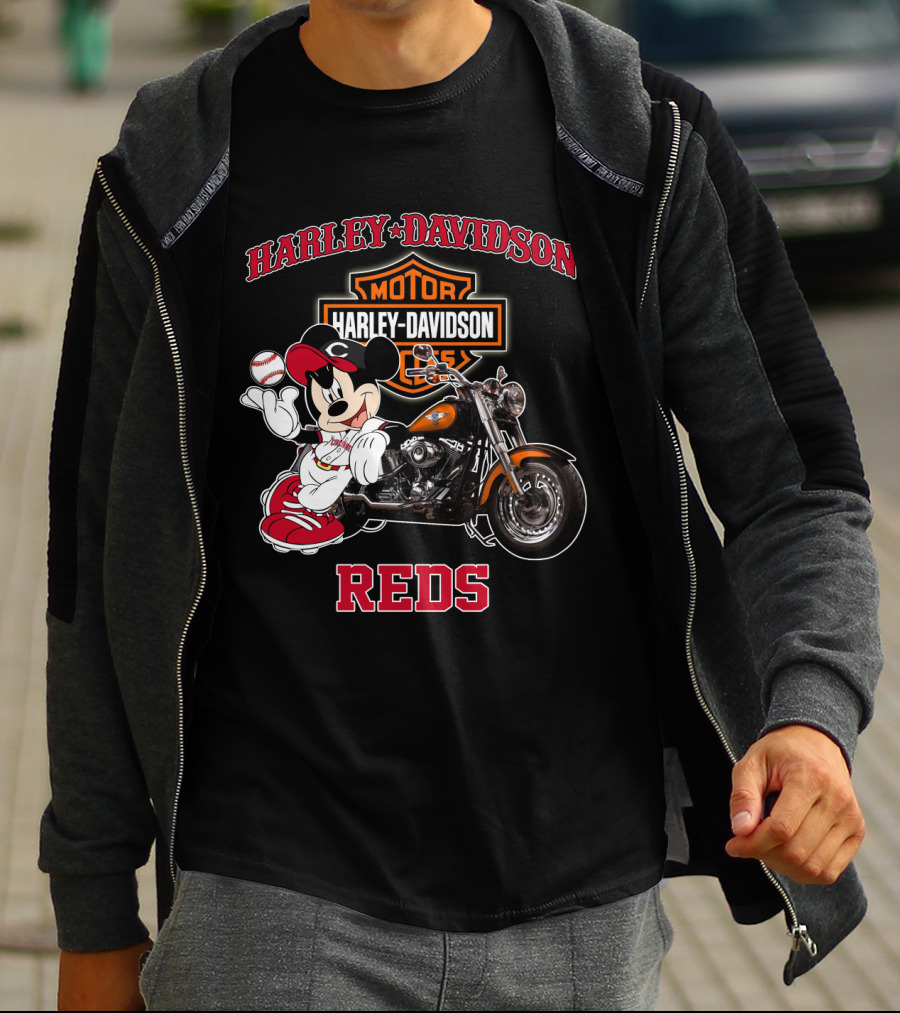 Harley Davidson Reds Cincinnati Motorcycle Mickey Mouse Baseball T-Shirt