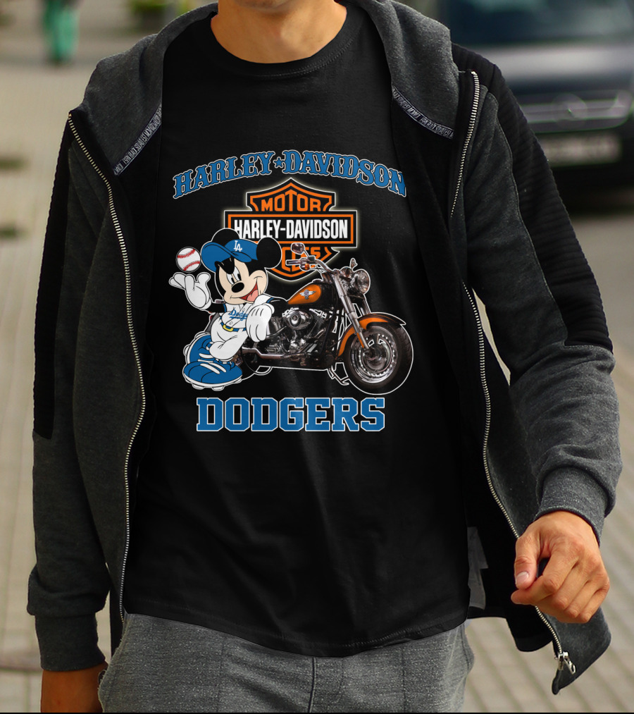 Harley Davidson Los Angeles Dodgers Mickey Mouse Motorcycle Baseball T-Shirt