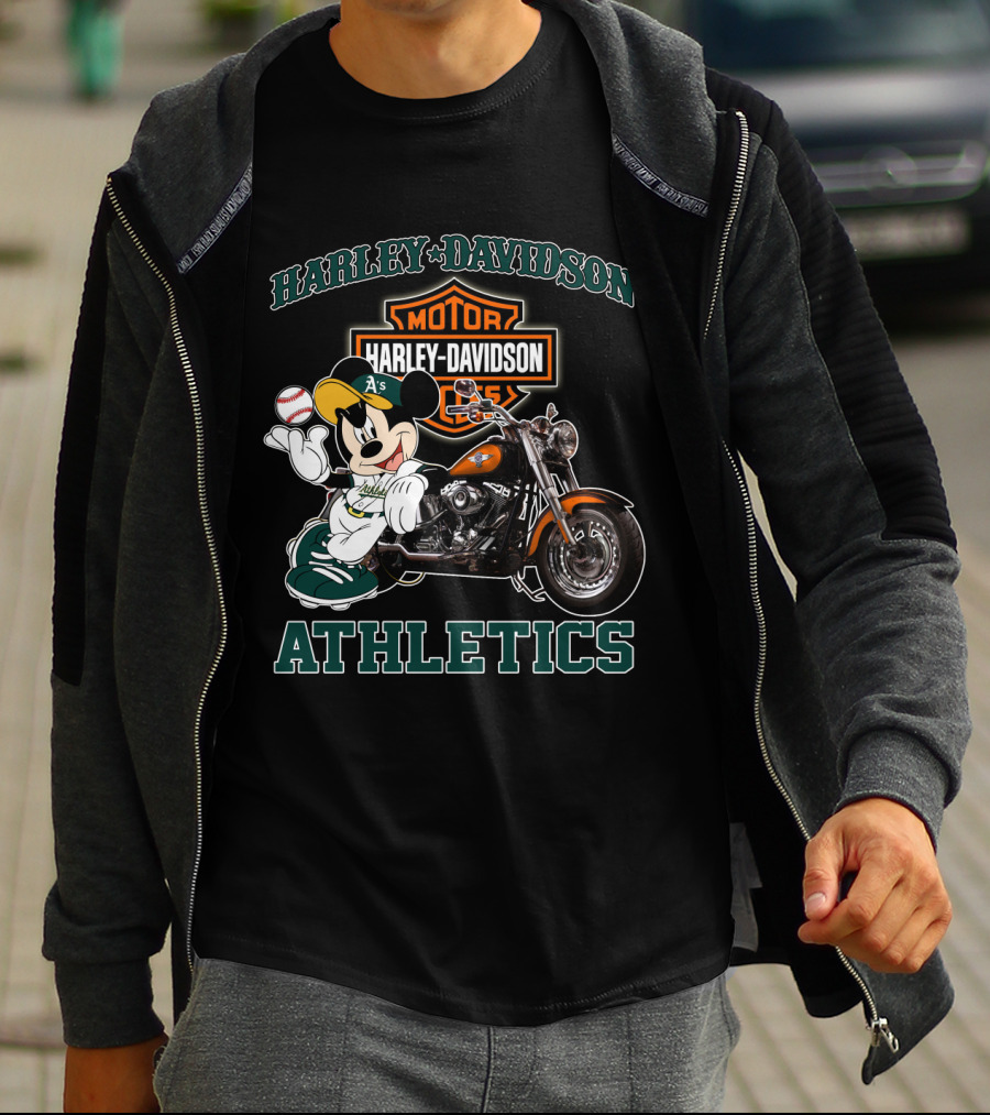 Harley Davidson Oakland Athletics With Mickey Mouse Baseball Motorcycle T-Shirt