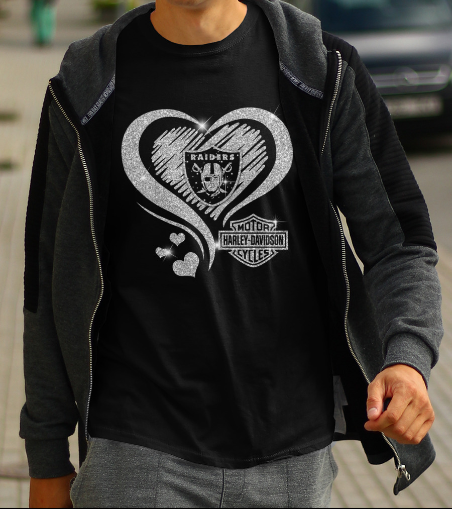 Hd Nfl Oakland Raiders Harley Davidson Sparkle Heart T-Shirt