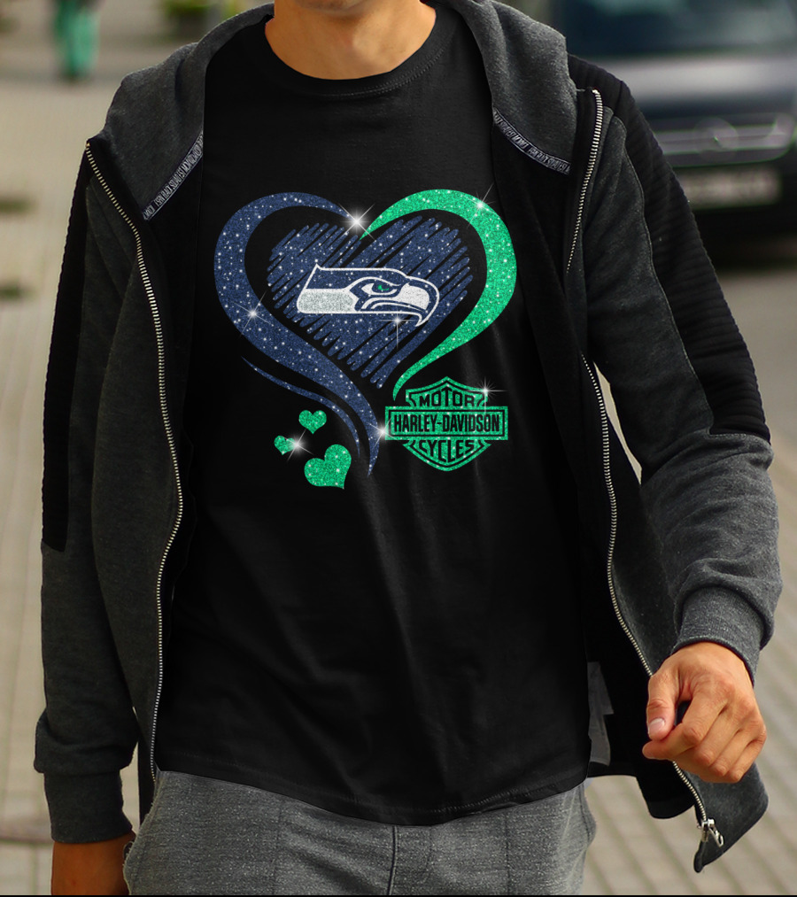 Harley Davidson Motorcycles Heart With Seattle Seahawks T-Shirt