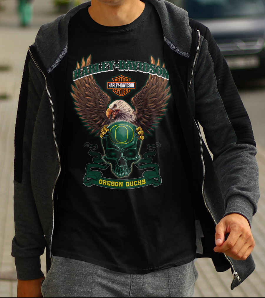 Harley Davidson Motorcycles Oregon Ducks Eagle Skull T-Shirt