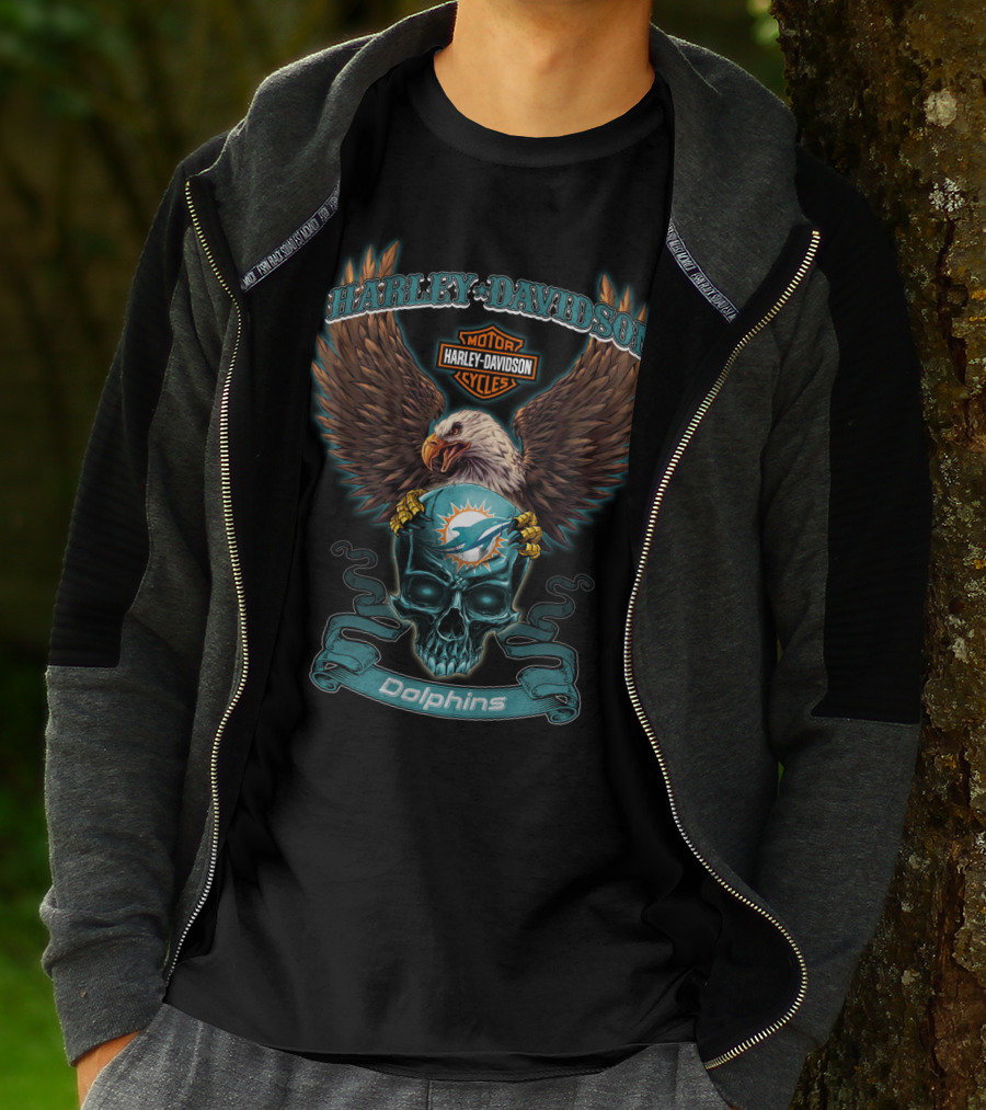 Harley Davidson Dolphins Motor Cycles Eagle And Skull Miami T-Shirt
