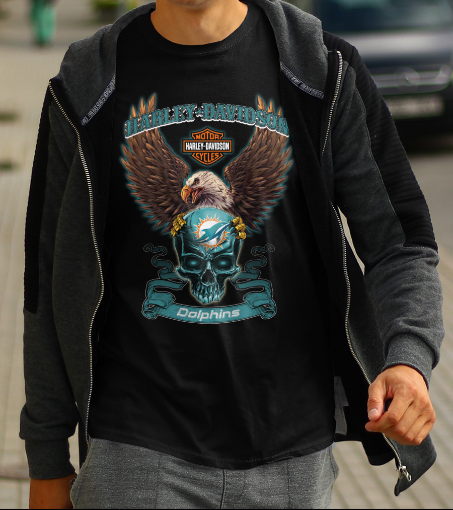 Harley Davidson Dolphins Motor Cycles Eagle And Skull Miami T-Shirt