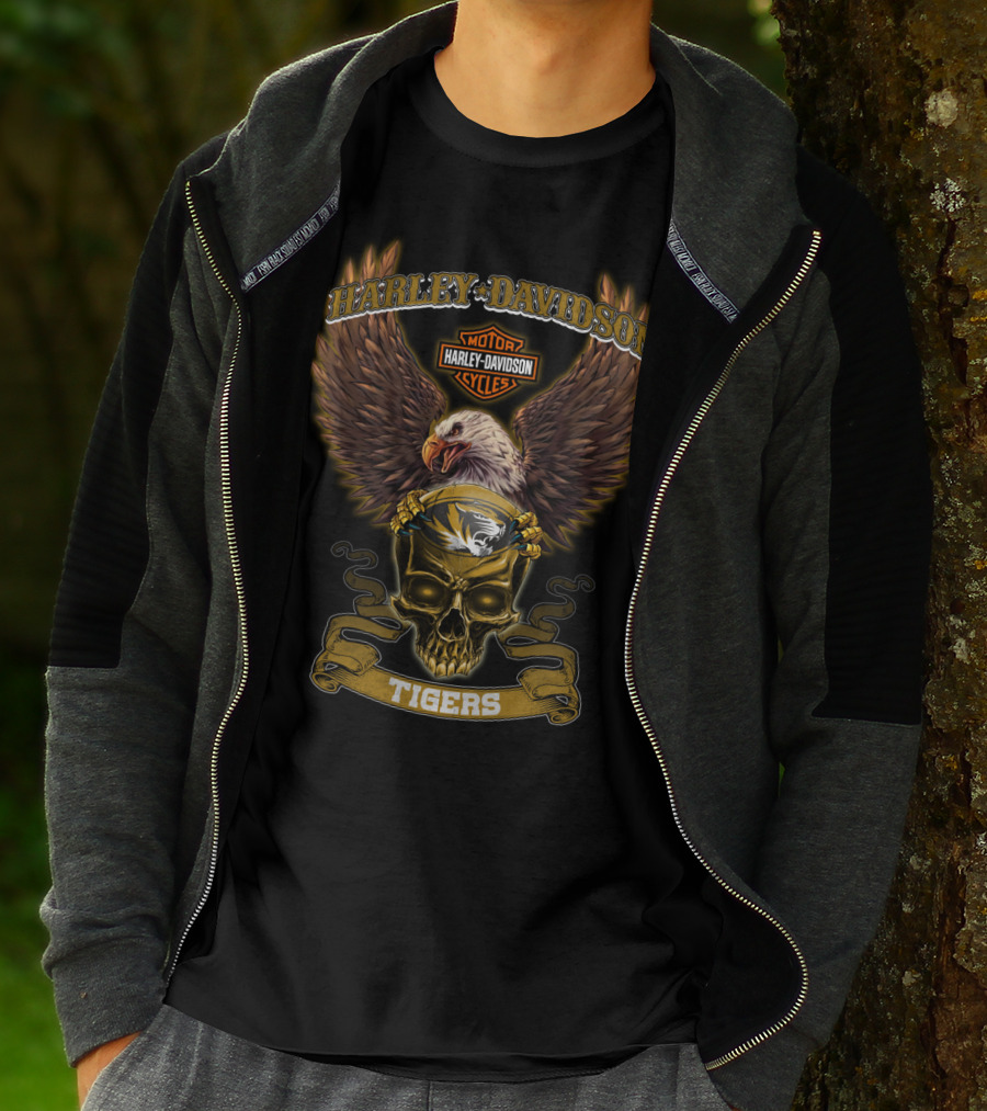 Harley Davidson Motor Cycles Eagles And Skull Missouri Tigers T-Shirt