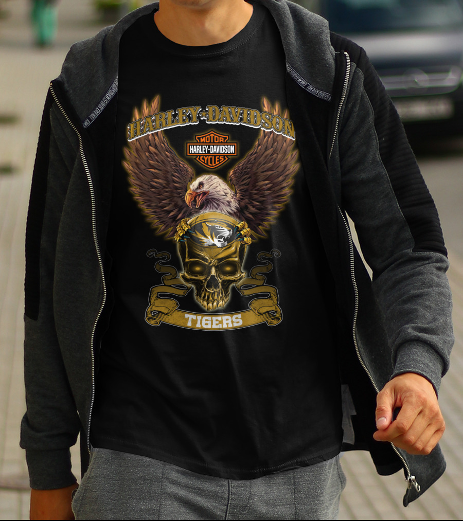 Harley Davidson Motor Cycles Eagles And Skull Missouri Tigers T-Shirt