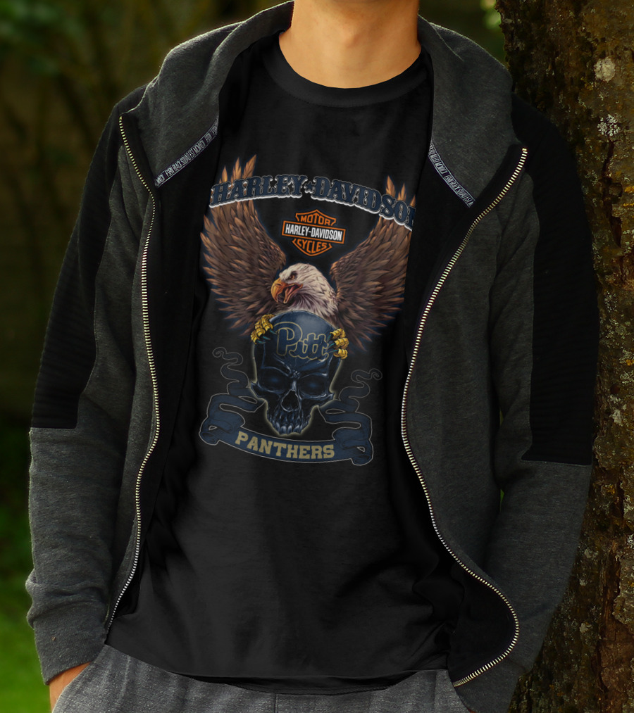 Harley Davidson Motor Cycles Pitt Panthers Eagle And Skull T-Shirt